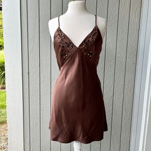 VTG 90s Natori Satin Slip Dress XS/S Leopard Embroidery Crisscross Back
